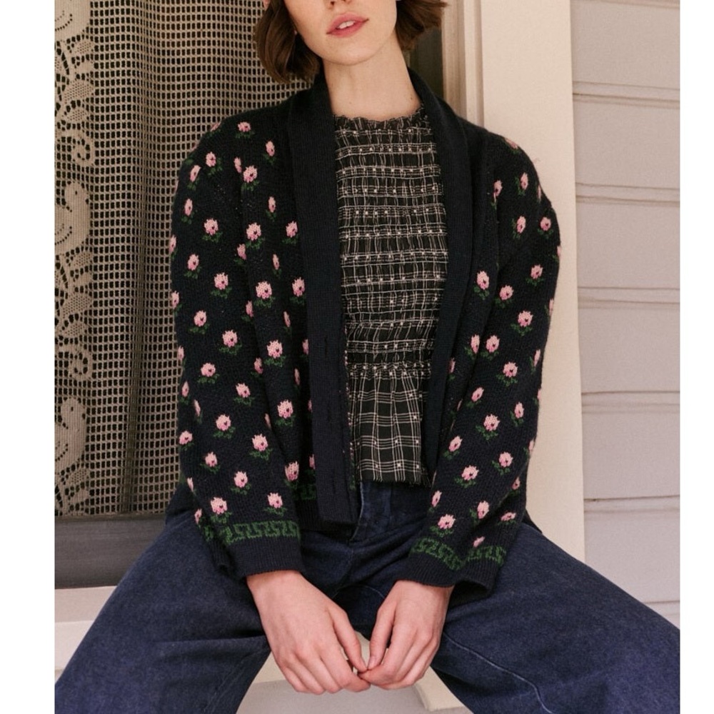 NWOT THE GREAT Navy Blue Bloom Lodge Alpaca & Wool Blend Floral Cardigan Sz S